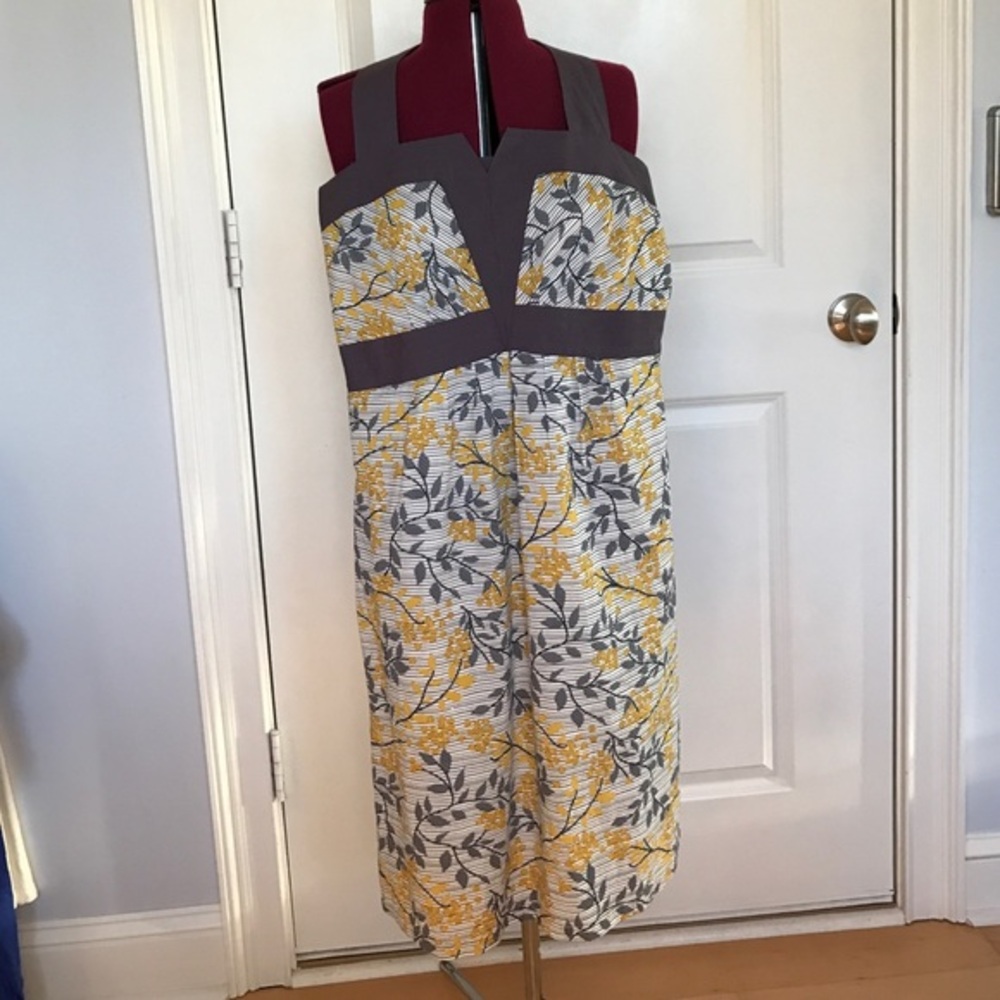 NWT FLO Floral Mustard Grayish Purple Lined Halter Dress Size Medium Side Zip